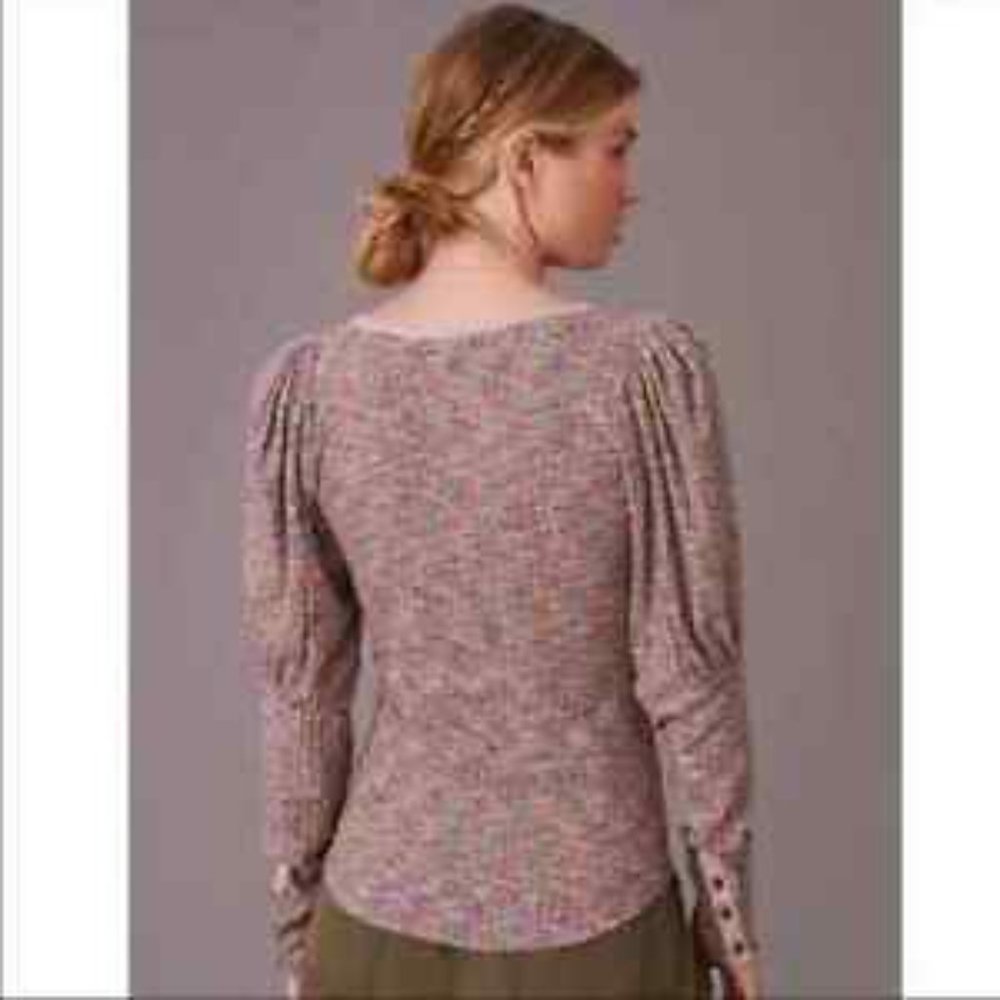 Anthropologie Puff-Sleeved Knit Henley Top Women S NWT Stretch Scoop Neck Purple - Picture 11 of 11